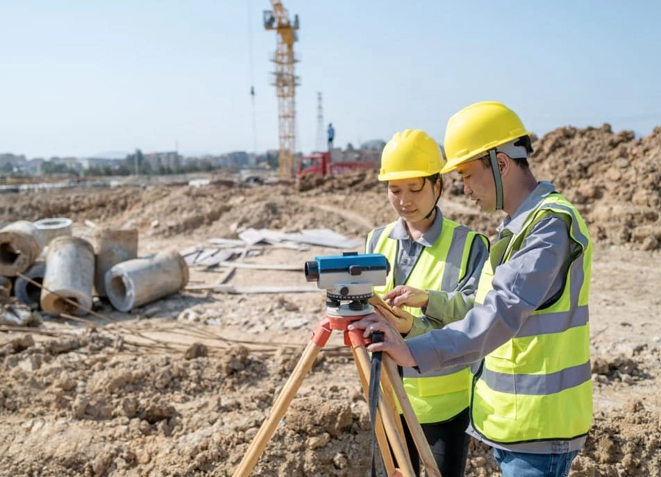 Construction team surveying the area with digital reading tools to gather data for raster or vector GIS map creation