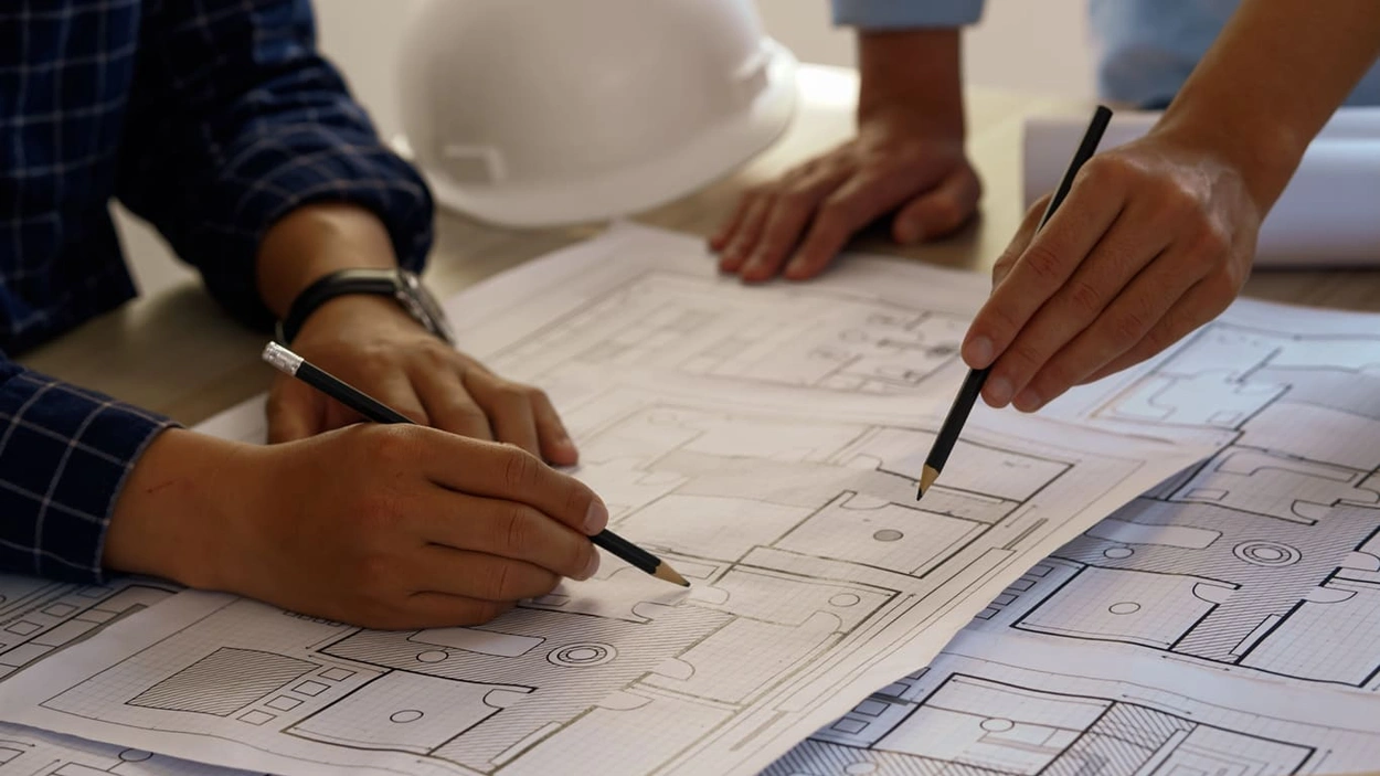 AEC coworkers checking building details on as-built drawings