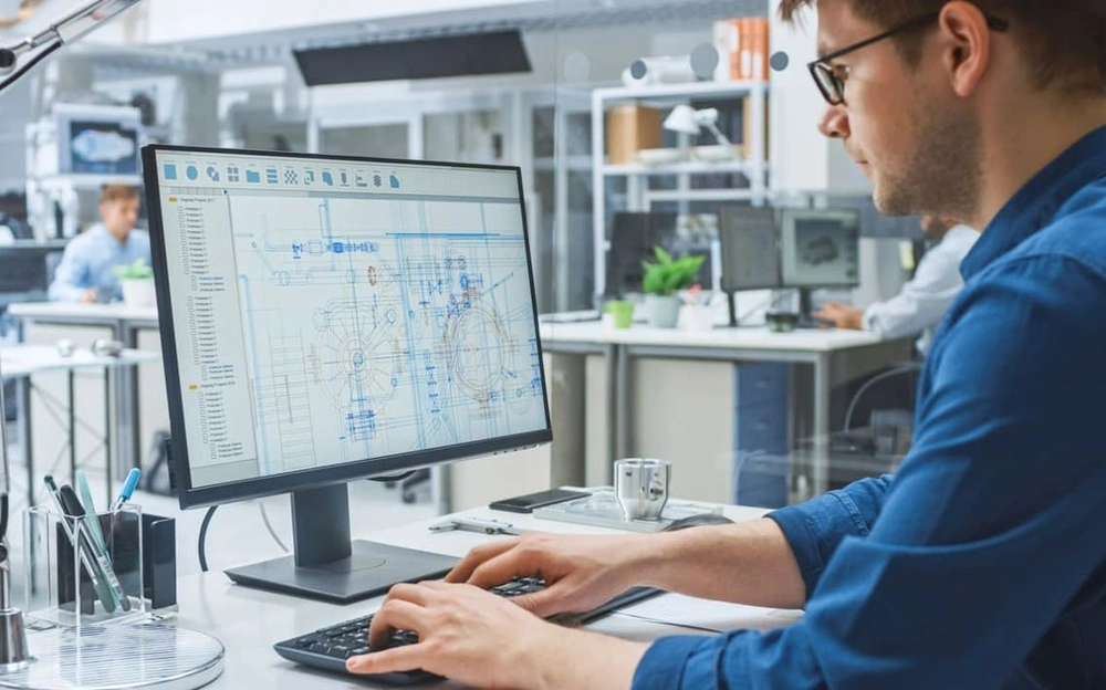 Engineer using CAD drawing management software
